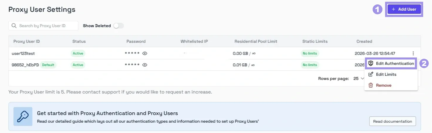 Add user and edit authentication option on the proxy user settings page.webp