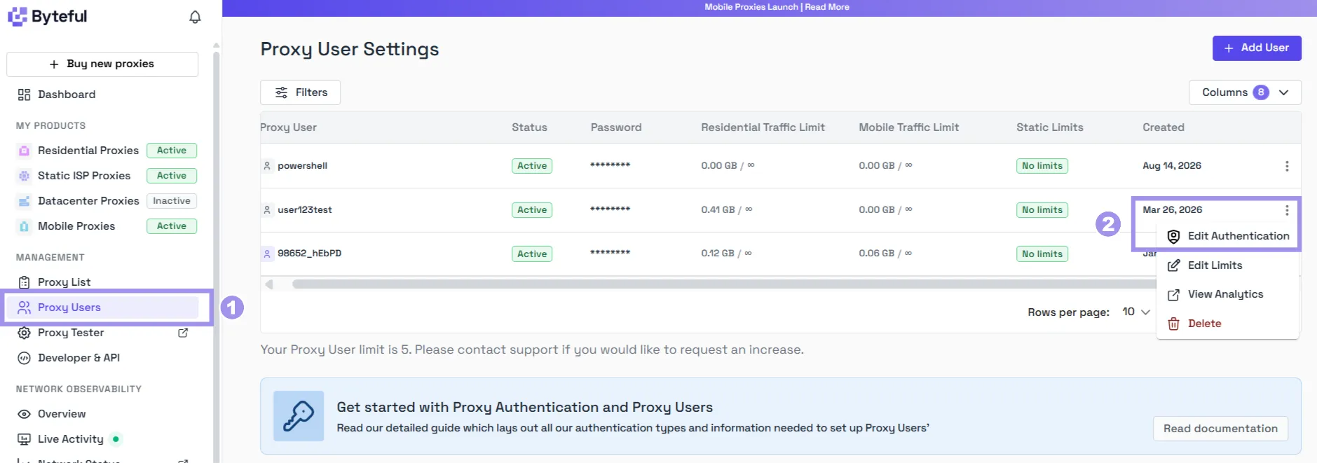 Edit Authentication for user on proxy user settings page