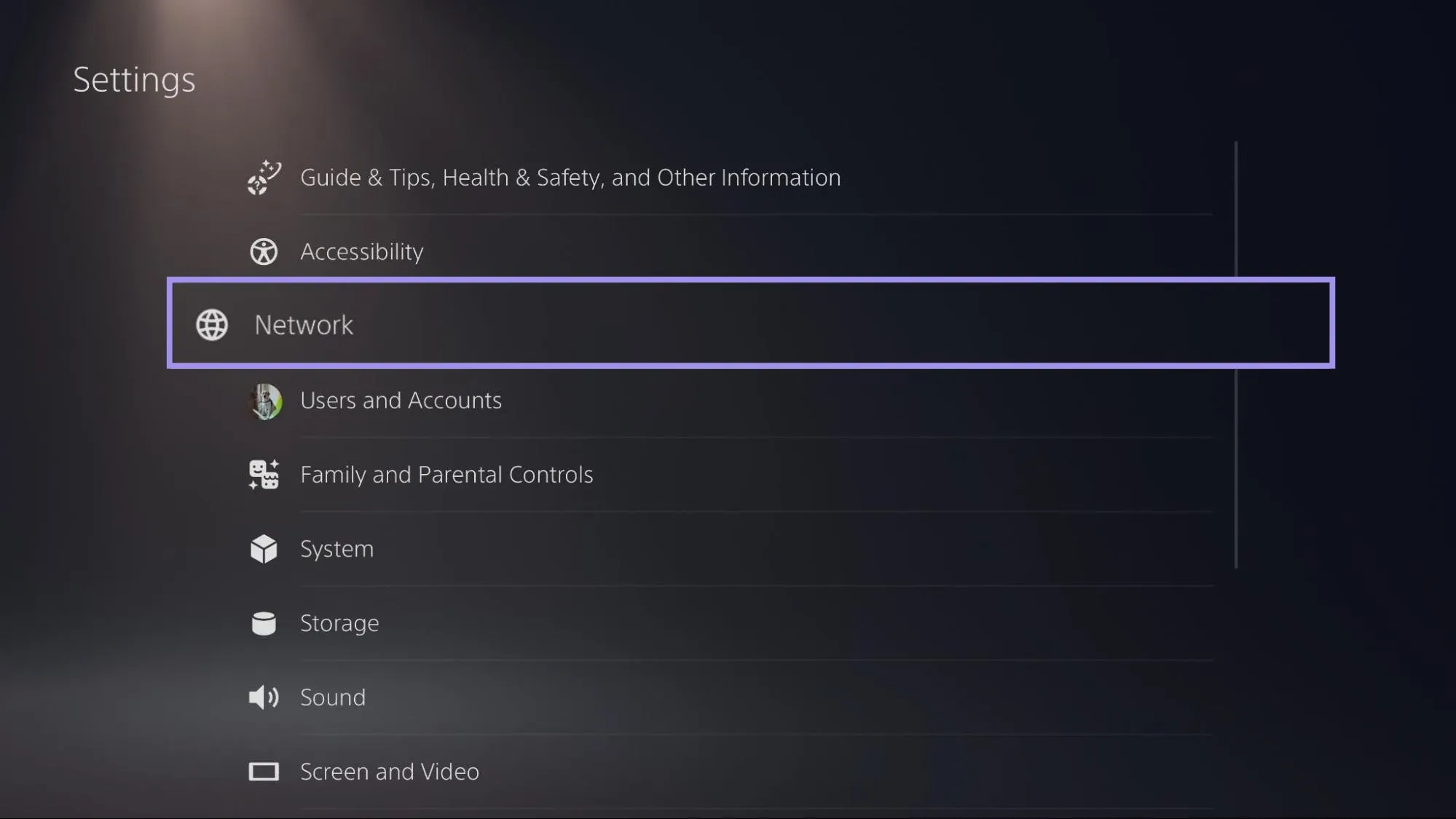 PS5 Settings menu with the Network option highlighted