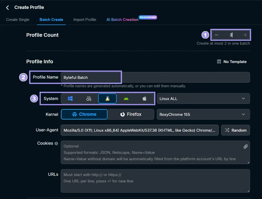 Create a profile in RoxyBrowser