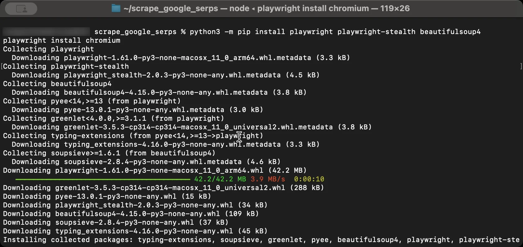 Terminal installing Playwright and BeautifulSoup with pip