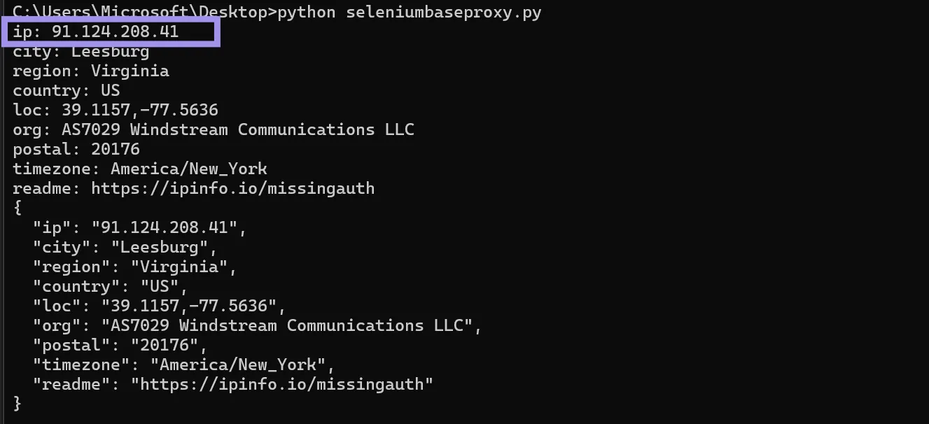 Testing SeleniumBase authenticated proxy integration using Command Prompt
