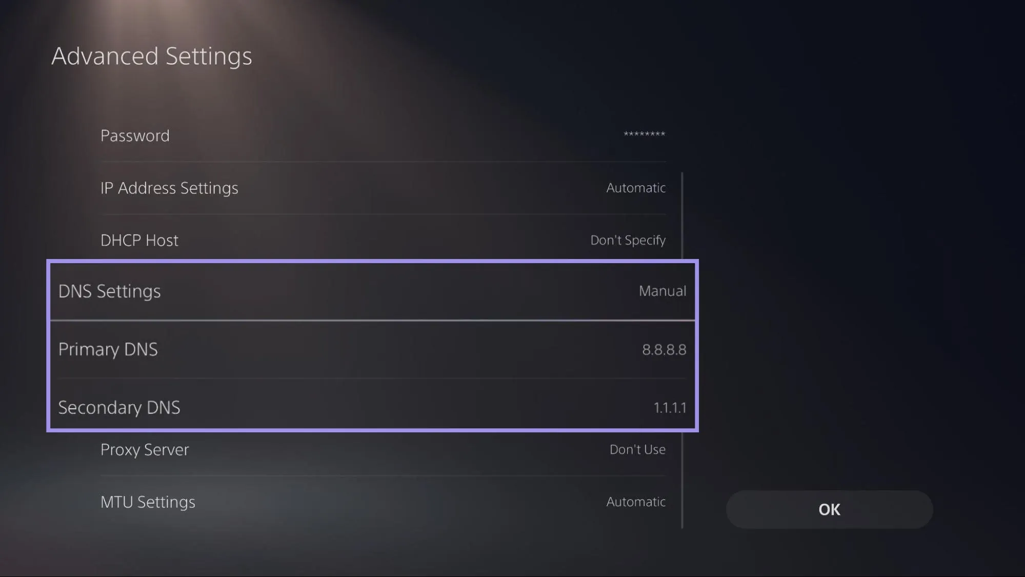 PS5 Advanced Settings with DNS set to Manual, Primary DNS 8.8.8.8 and Secondary DNS 1.1.1.1