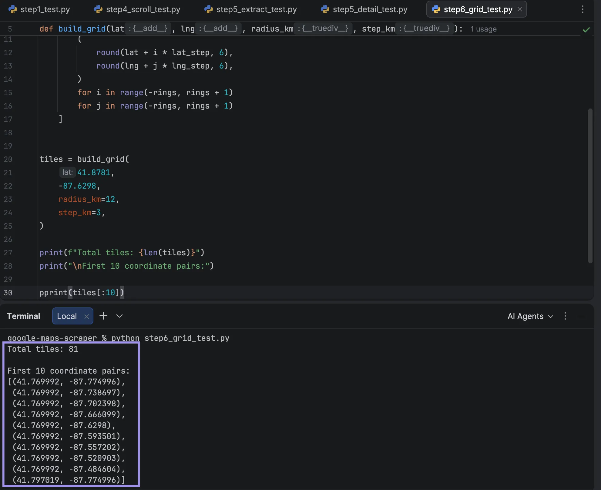 PyCharm showing an 81-tile Google Maps grid with the first ten generated coordinate pairs