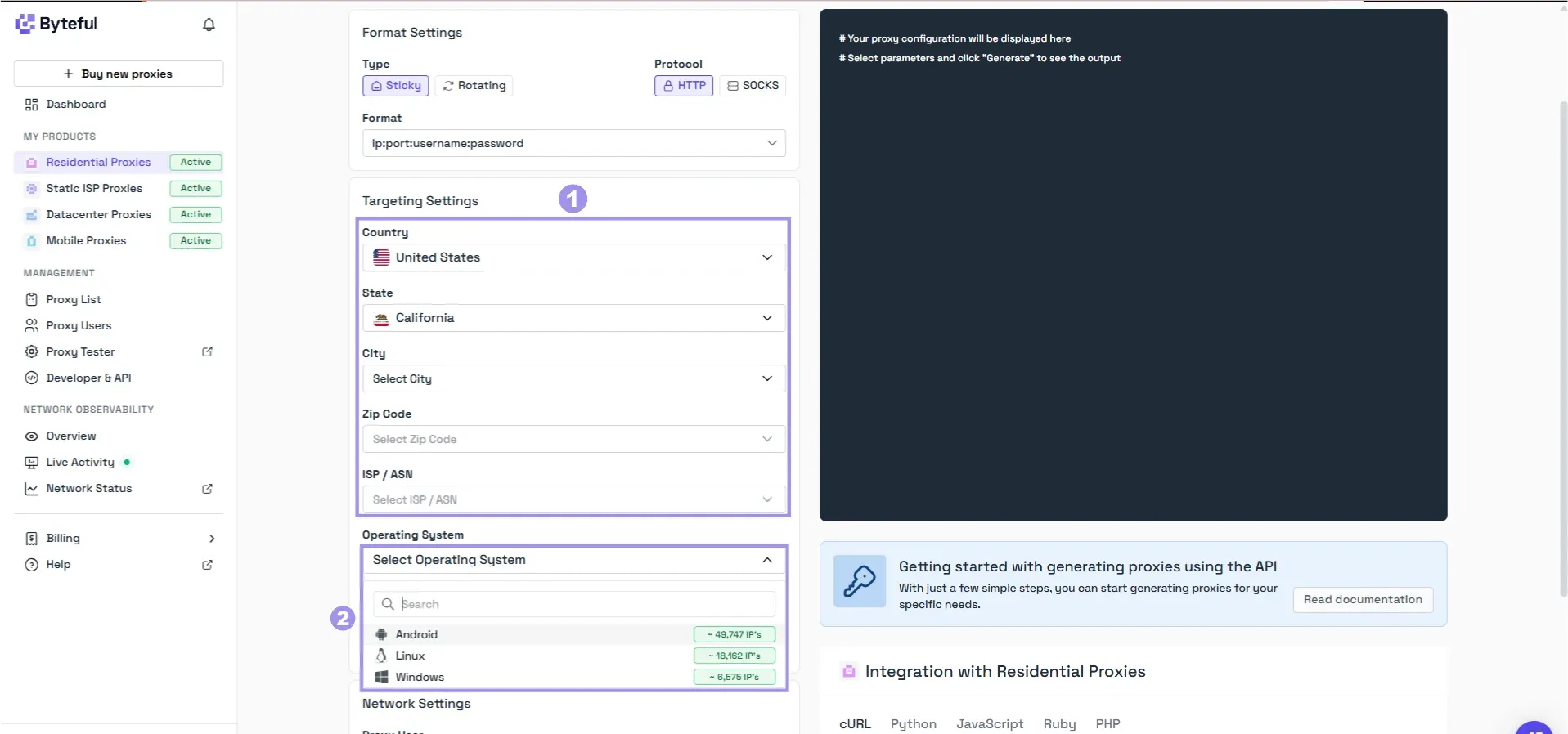Byteful residential proxies page