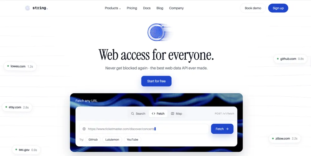 String homepage showing its Web access for everyone web data API with a Fetch any URL demo widget