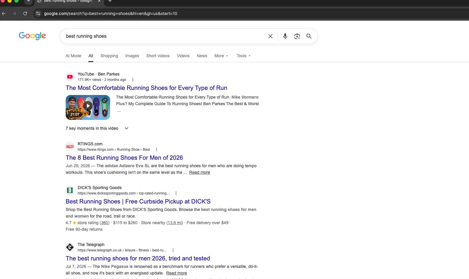 Automated browser on a Google results page for best running shoes