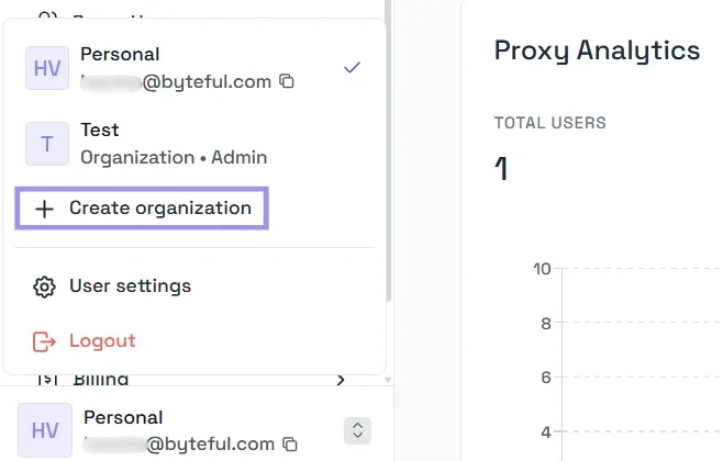 Byteful workspace switcher showing personal and organization accounts with the Create organization option