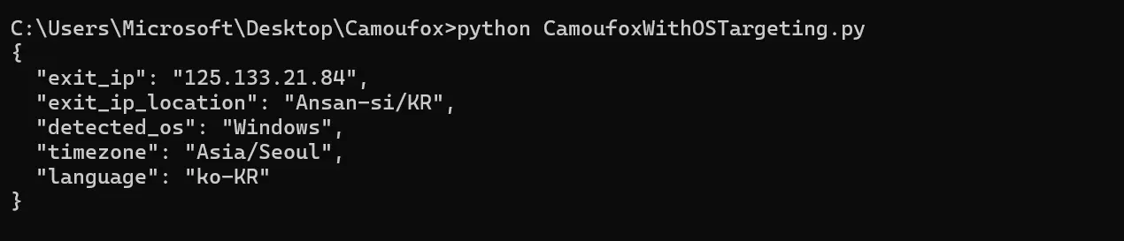 Camoufox proxy integration with OS targeting test