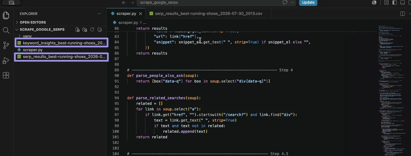 VS Code showing scraper.py and the two generated CSV output files