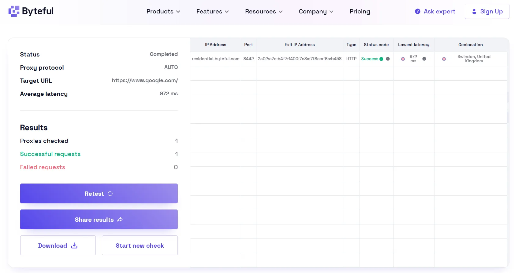 Check target on Byteful proxy tester