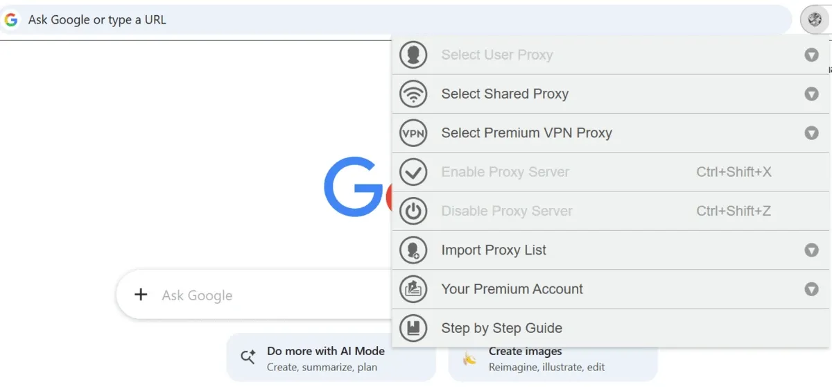 Best Proxy Switcher extension menu over a Google page with options to select user, shared, or premium VPN proxies