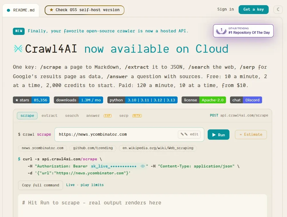 Crawl4AI page announcing the hosted cloud API with scrape, extract, search, and SERP endpoints