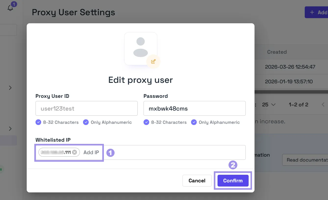 Whitelist IP address on edit proxy user pop-up