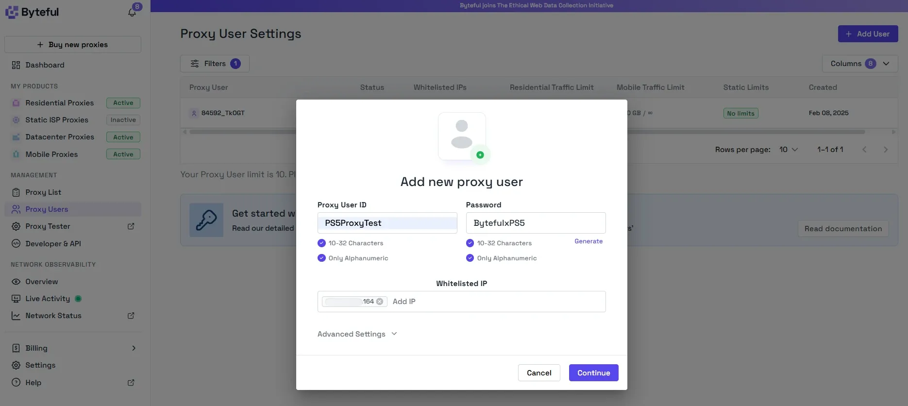 Byteful dashboard Add new proxy user dialog showing Proxy User ID, Password, and Whitelisted IP fields
