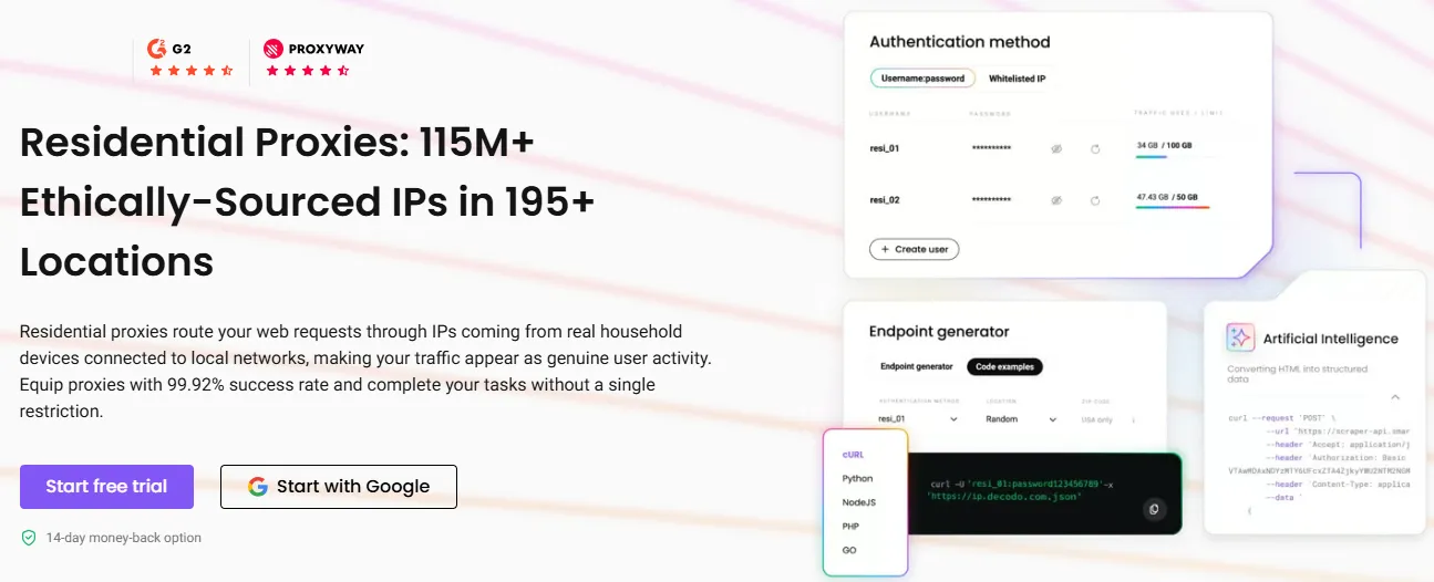 Decodo residential proxies landing page