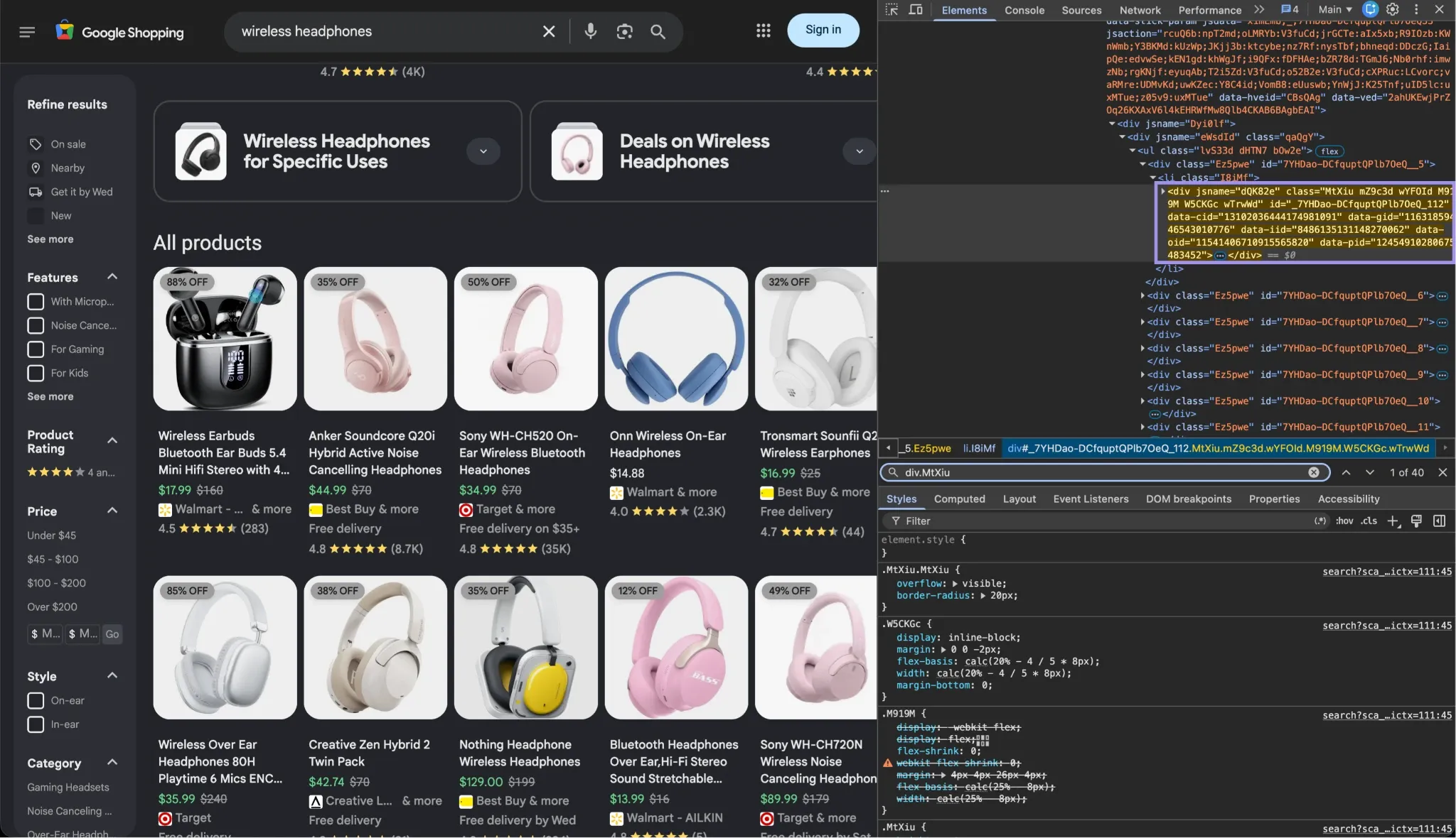 Google Shopping results with DevTools highlighting a product card