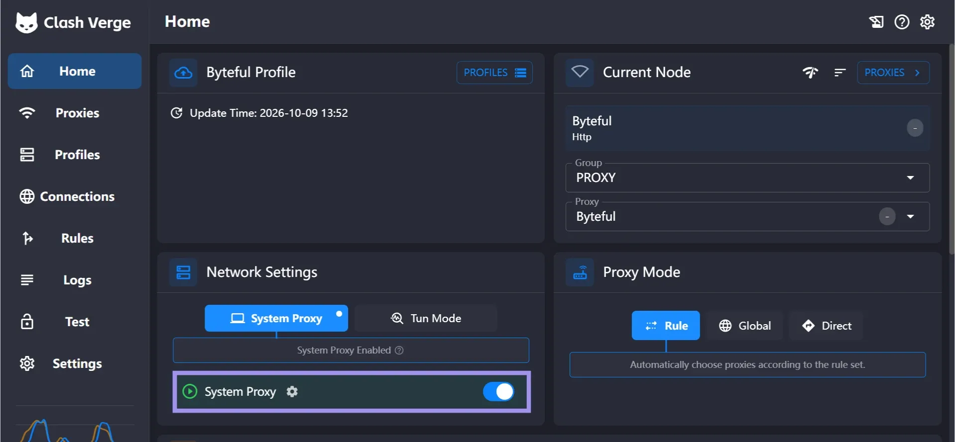 System proxy in Clash Verge Rev Home tab