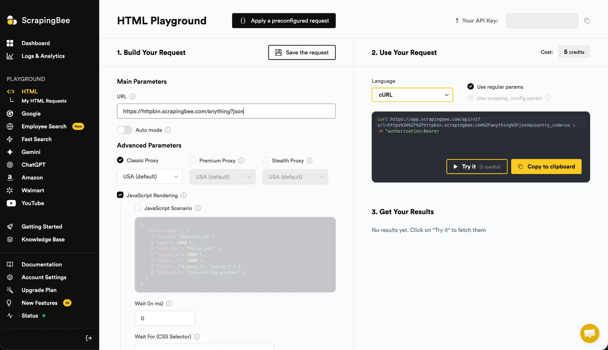 ScrapingBee HTML Playground showing scraping and proxy settings