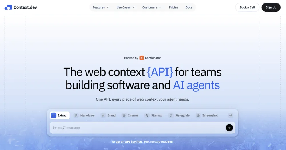 Context.dev homepage showing its web context API for teams building software and AI agents with an Extract demo widget