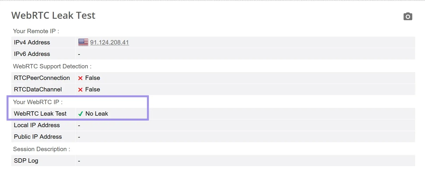 No WebRTC leak detected on the WebRTC leak test page