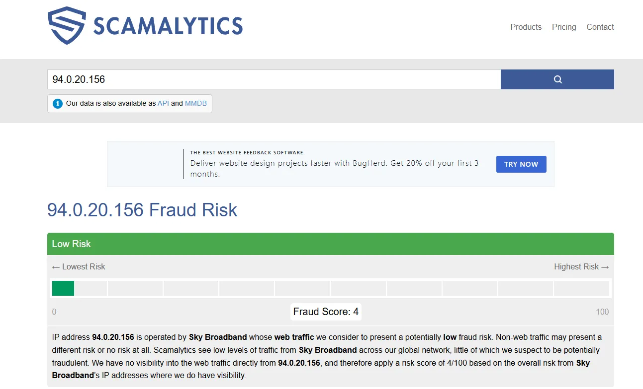 Scamalytics fraud score for residential IP
