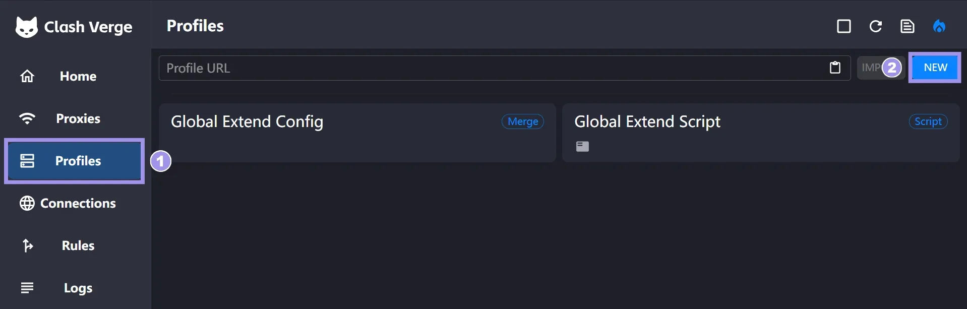 Creating a new profile in Clash Verge Rev Profiles tab