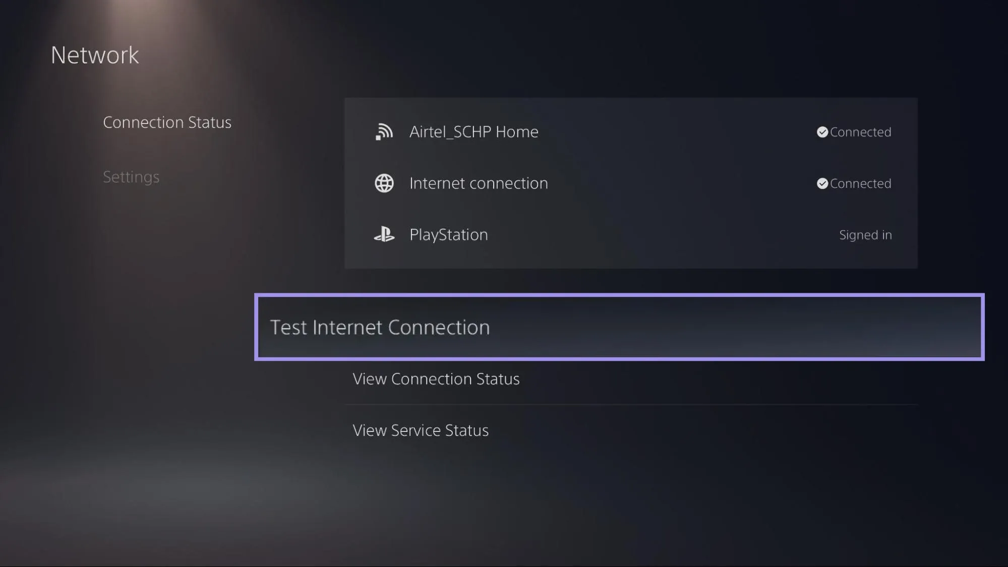 PS5 Network screen showing Connected status with Test Internet Connection highlighted