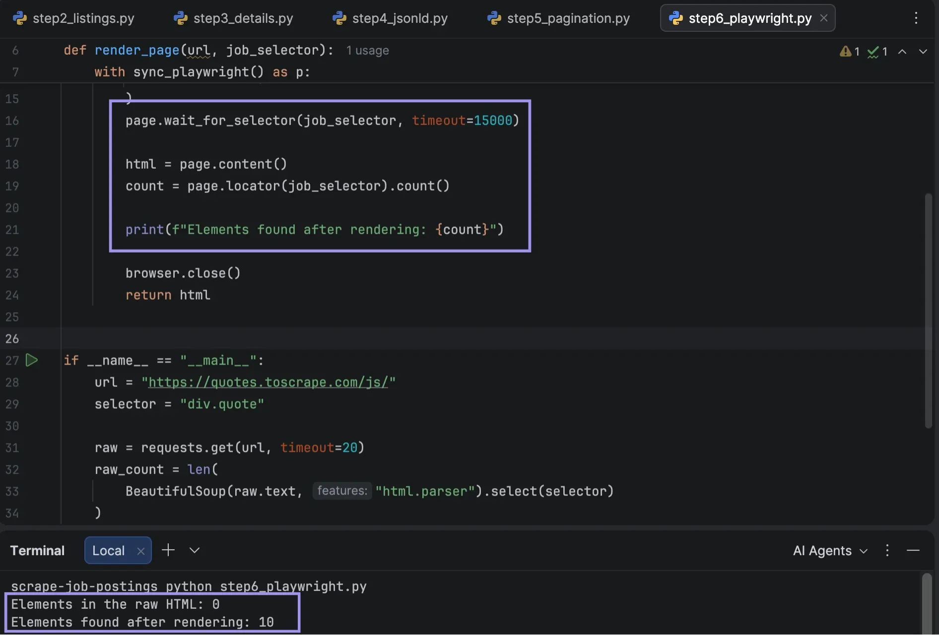 PyCharm terminal showing 0 raw HTML elements and 10 rendered elements