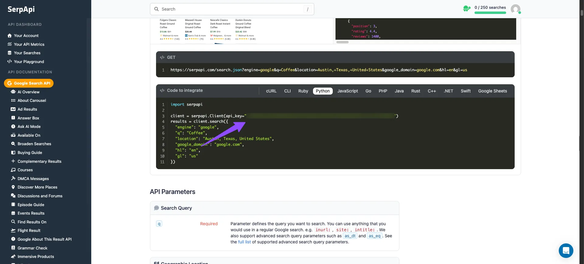 SerpApi dashboard showing the Google Search API Python code and API key field