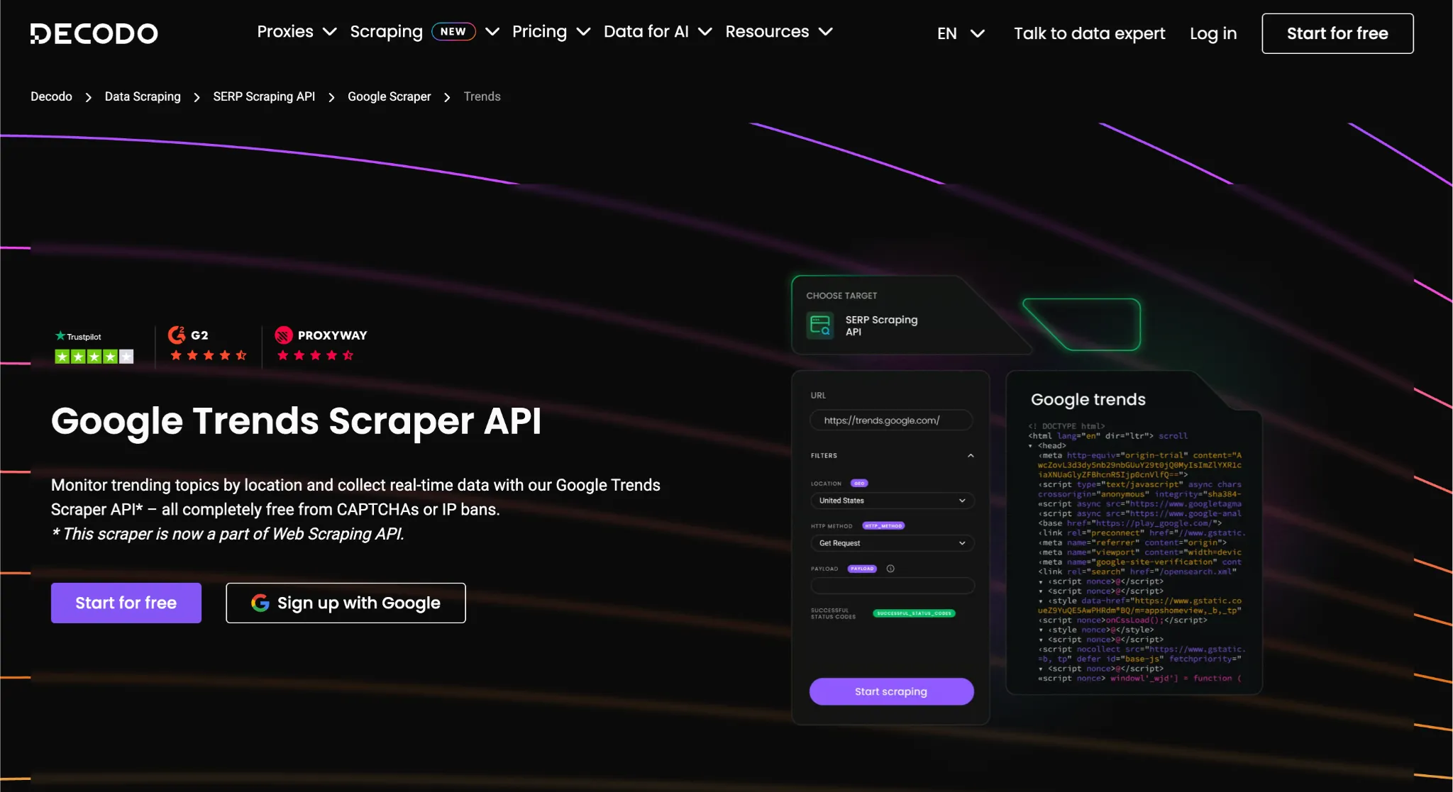Decodo page showing its Google Trends Scraper API