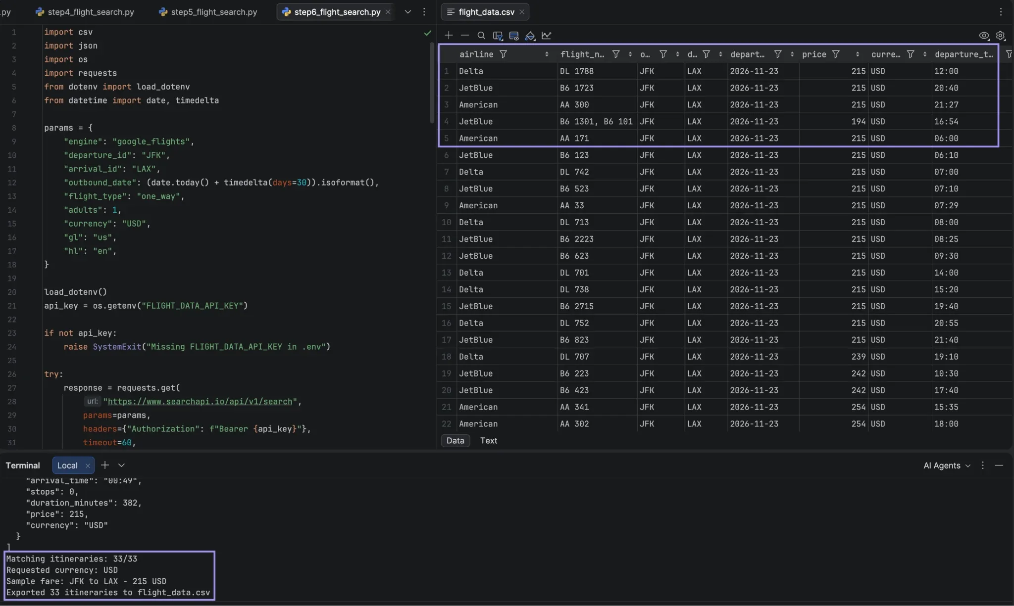 PyCharm showing flight data exported to CSV with 33 itineraries
