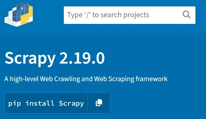 Scrapy page on PyPI, version 2.19.0, a web crawling and scraping framework, with the pip install command