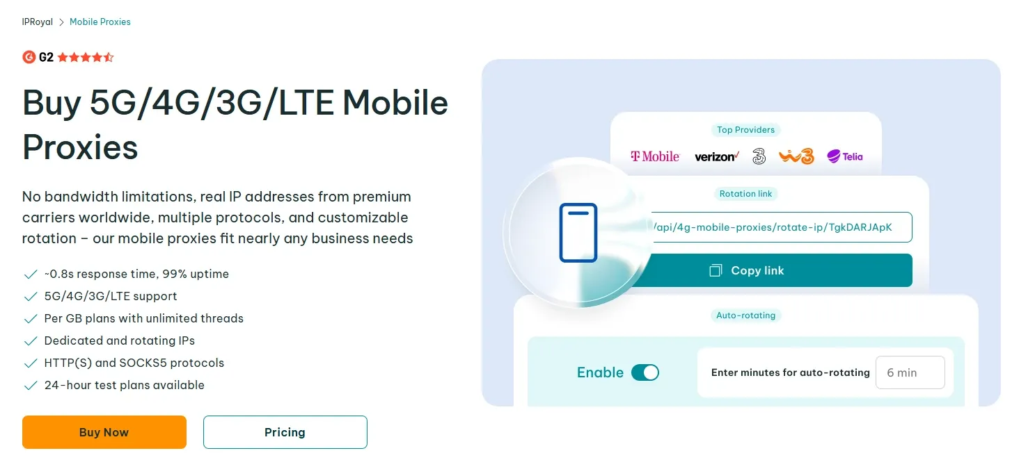 IPRoyal 5G/4G/3G/LTE mobile proxies page showing feature list, top carriers, and an auto-rotation setting