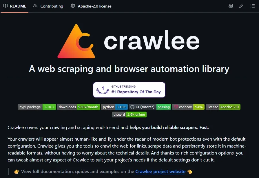 Crawlee GitHub repository README