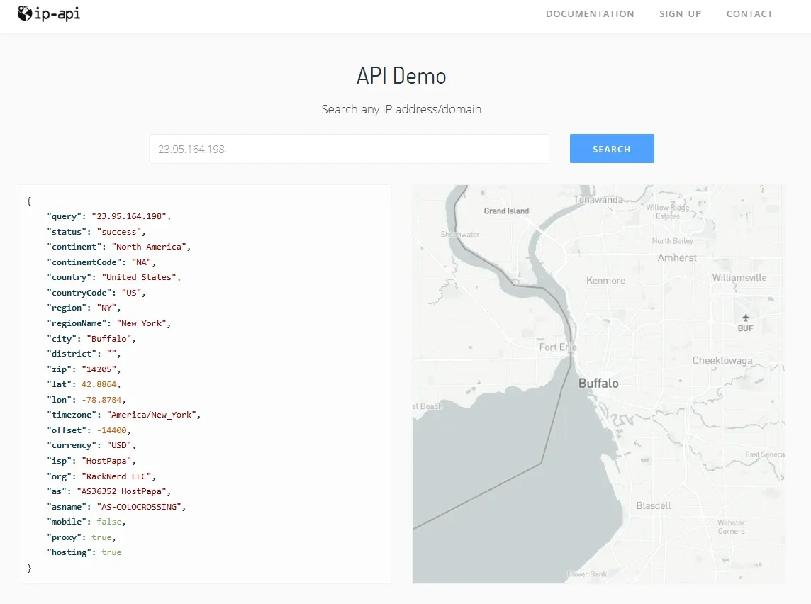 ip-api demo showing the JSON lookup result for a proxy IP with location, ISP, and mobile and proxy flags