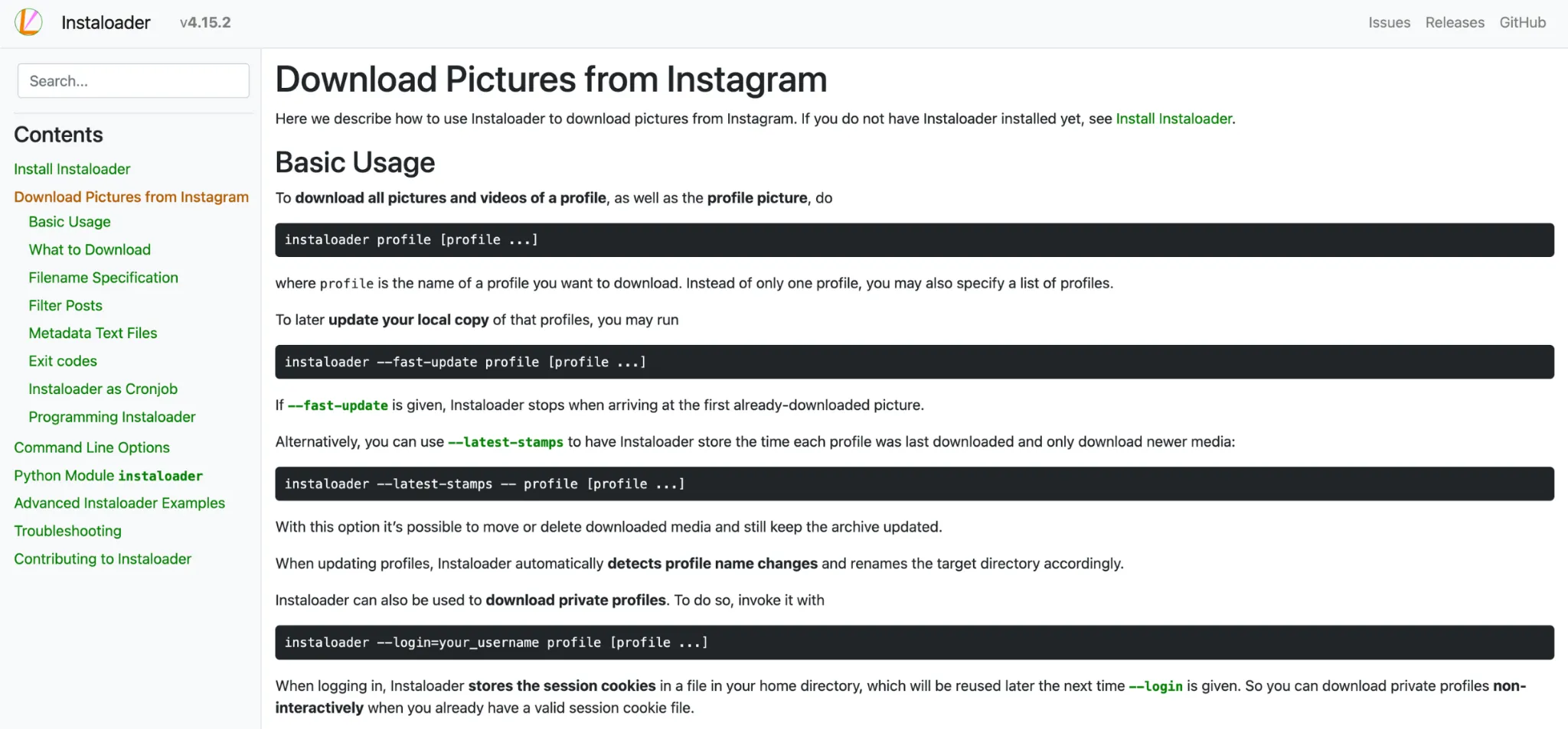 Instaloader documentation showing profile download commands