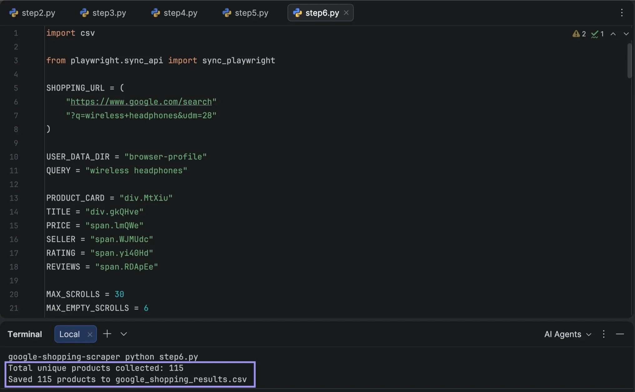 PyCharm showing 115 unique Google Shopping products collected