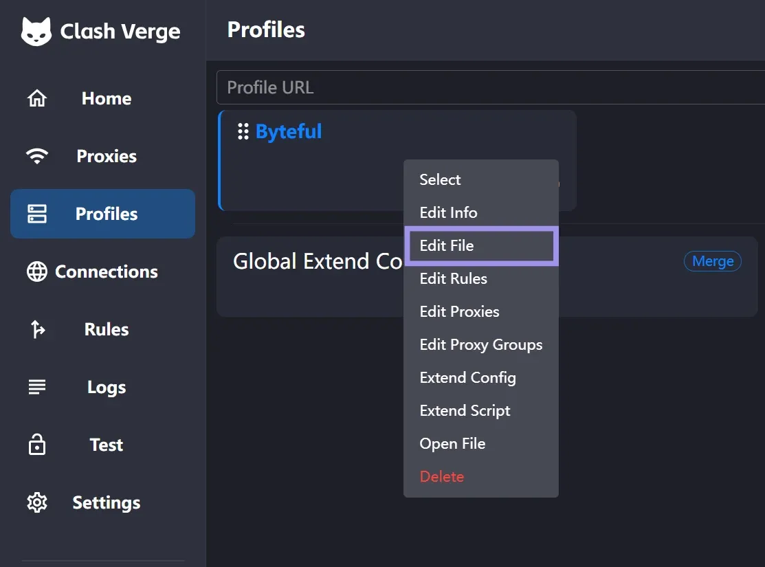 Edit config file from Clash Verge Rev Profiles tab