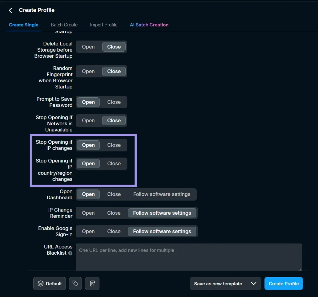 RoxyBrowser Create Profile preferences with the Stop Opening if IP changes and Stop Opening if IP country/region changes options highlighted