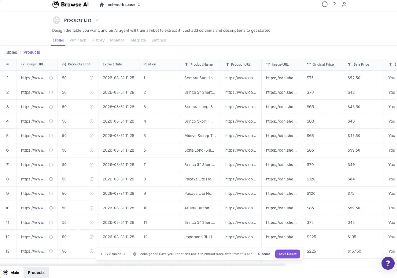 Browse AI Products List interface showing a scraped table of product names, URLs, images, and prices