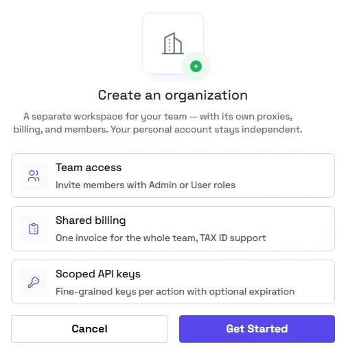 Create an organization dialog in the Byteful dashboard