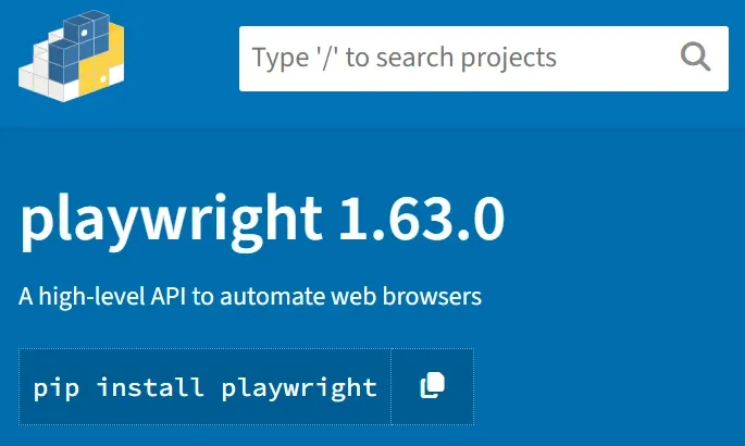 Playwright page on PyPI, version 1.63.0, a high-level API to automate web browsers, with the pip install command