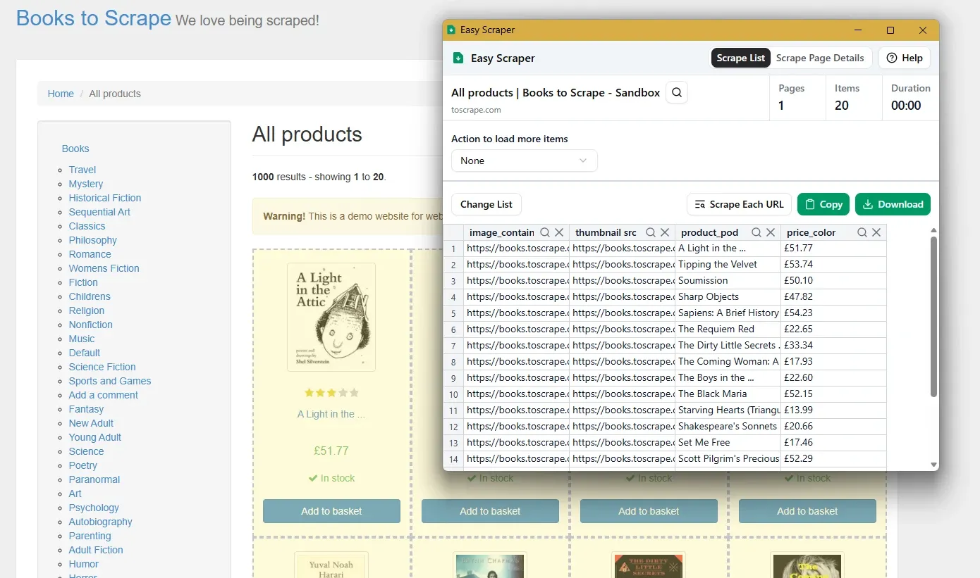 Easy Scraper browser extension extracting a product list from the Books to Scrape demo site, with copy and download options