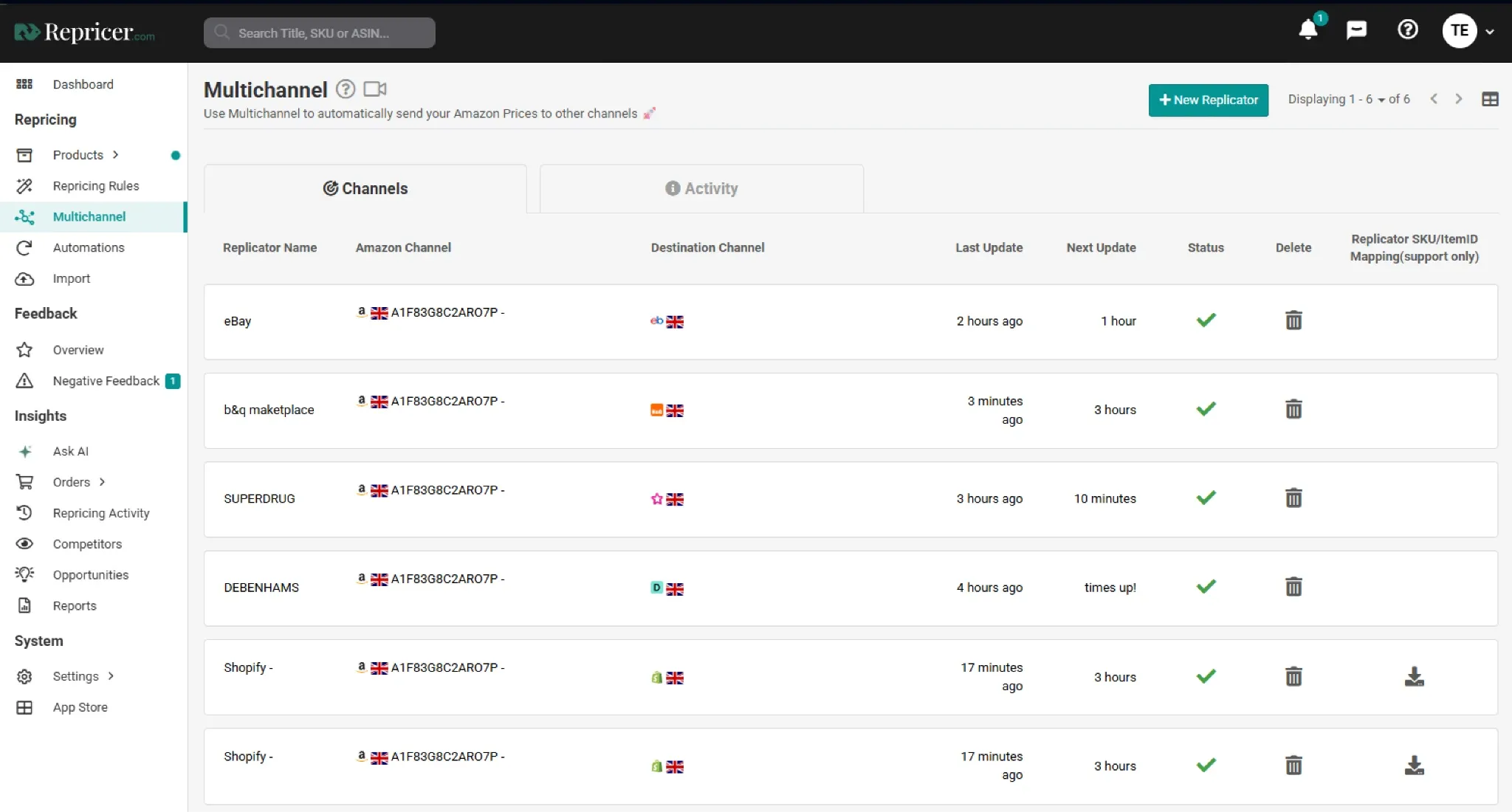 Repricer.com multichannel dashboard listing Amazon repricing channels with last-update times and status