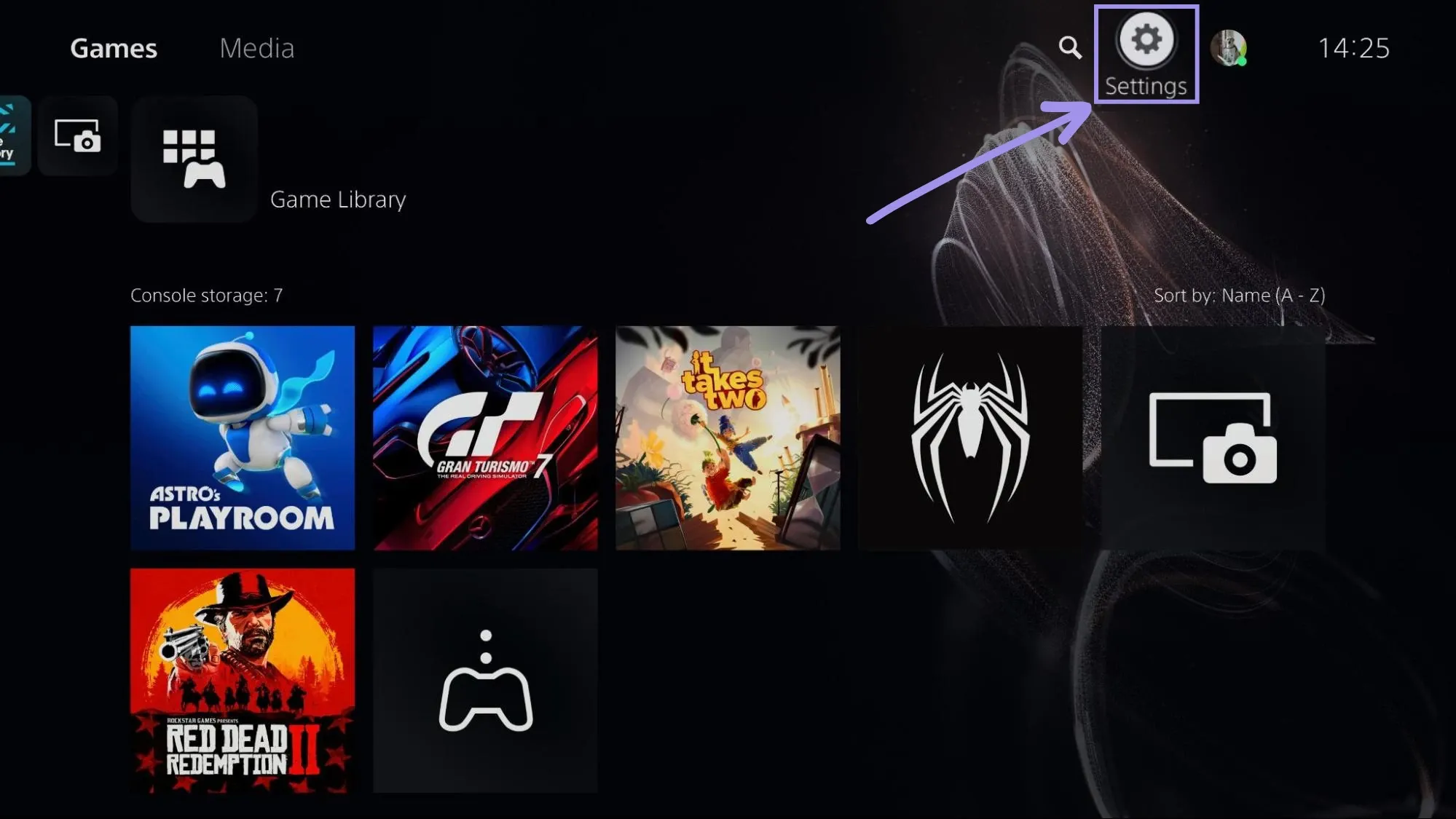 PS5 home dashboard with the Settings gear icon highlighted in the top-right corner