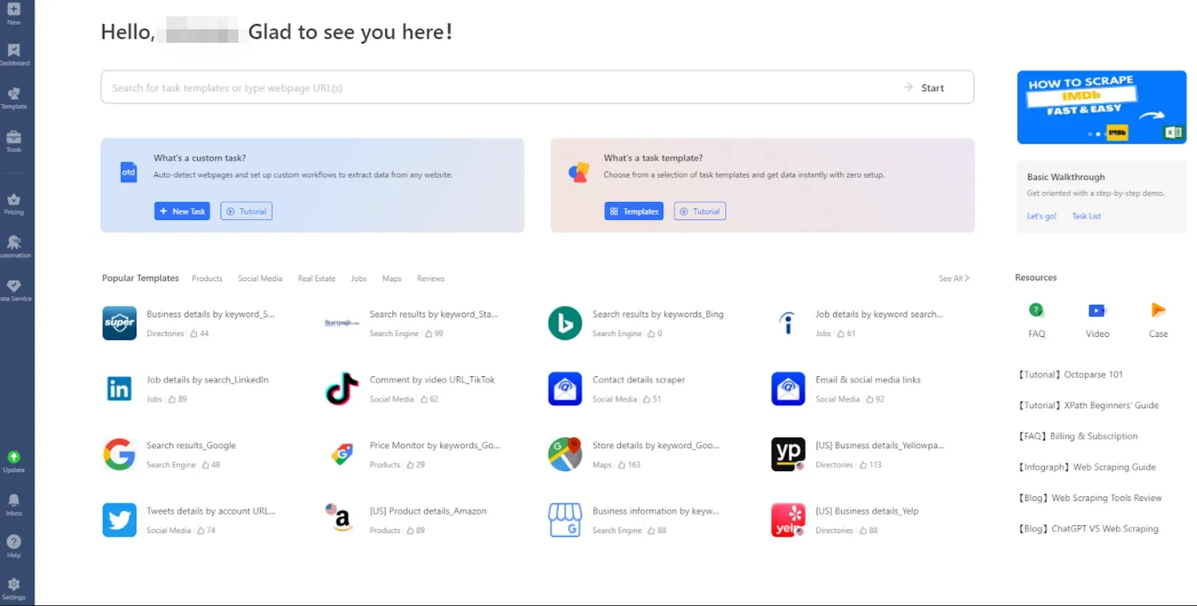 Octoparse dashboard with a gallery of prebuilt scraping templates for sites like LinkedIn, TikTok, and Google, plus how-to-scrape resources