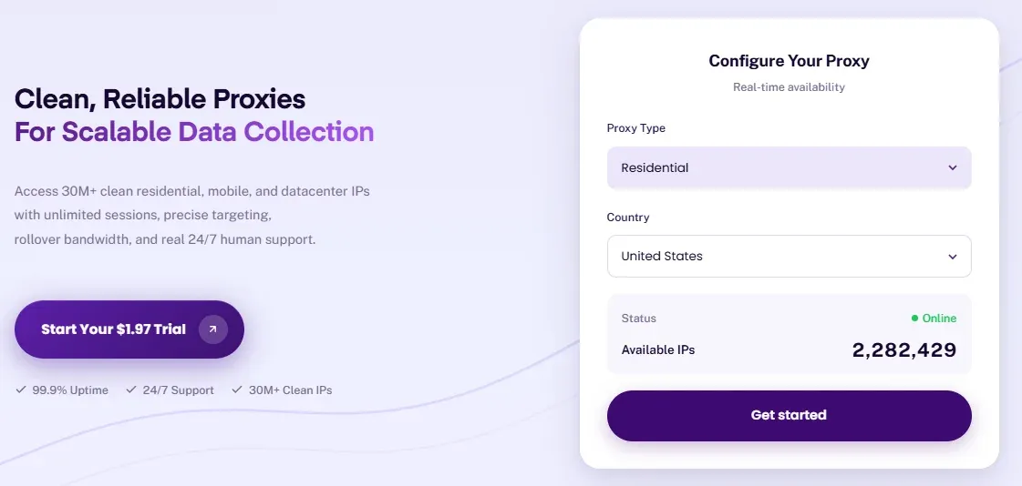 proxyempire's home page showing the tool to check active IPs per country before signing up