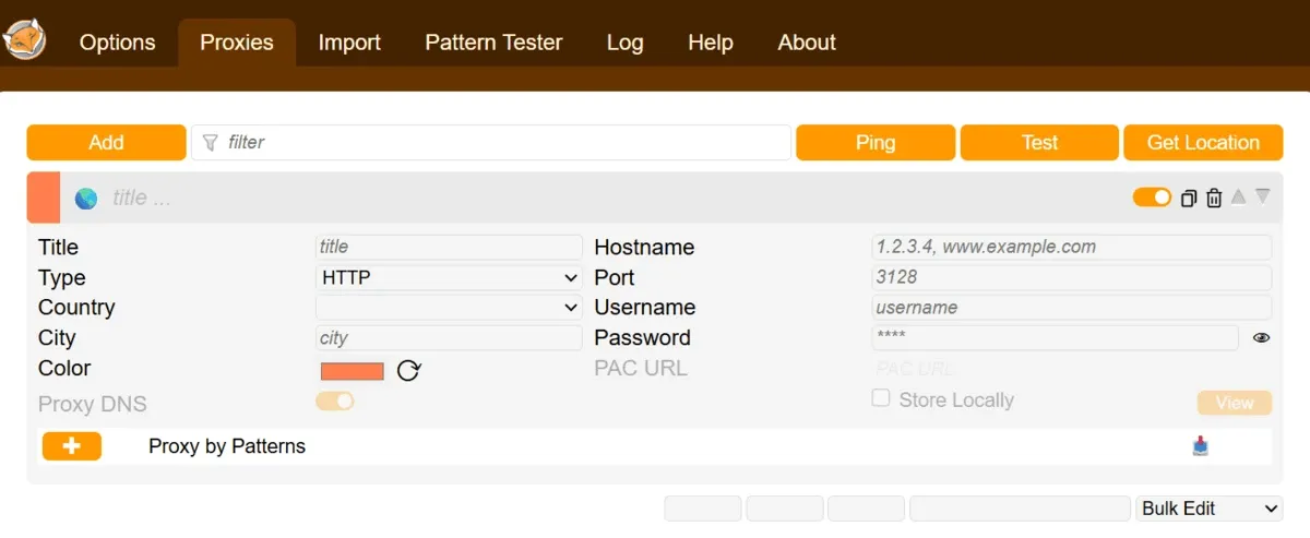 FoxyProxy extension interface with the form to add a new proxy, including host, port, and authentication fields