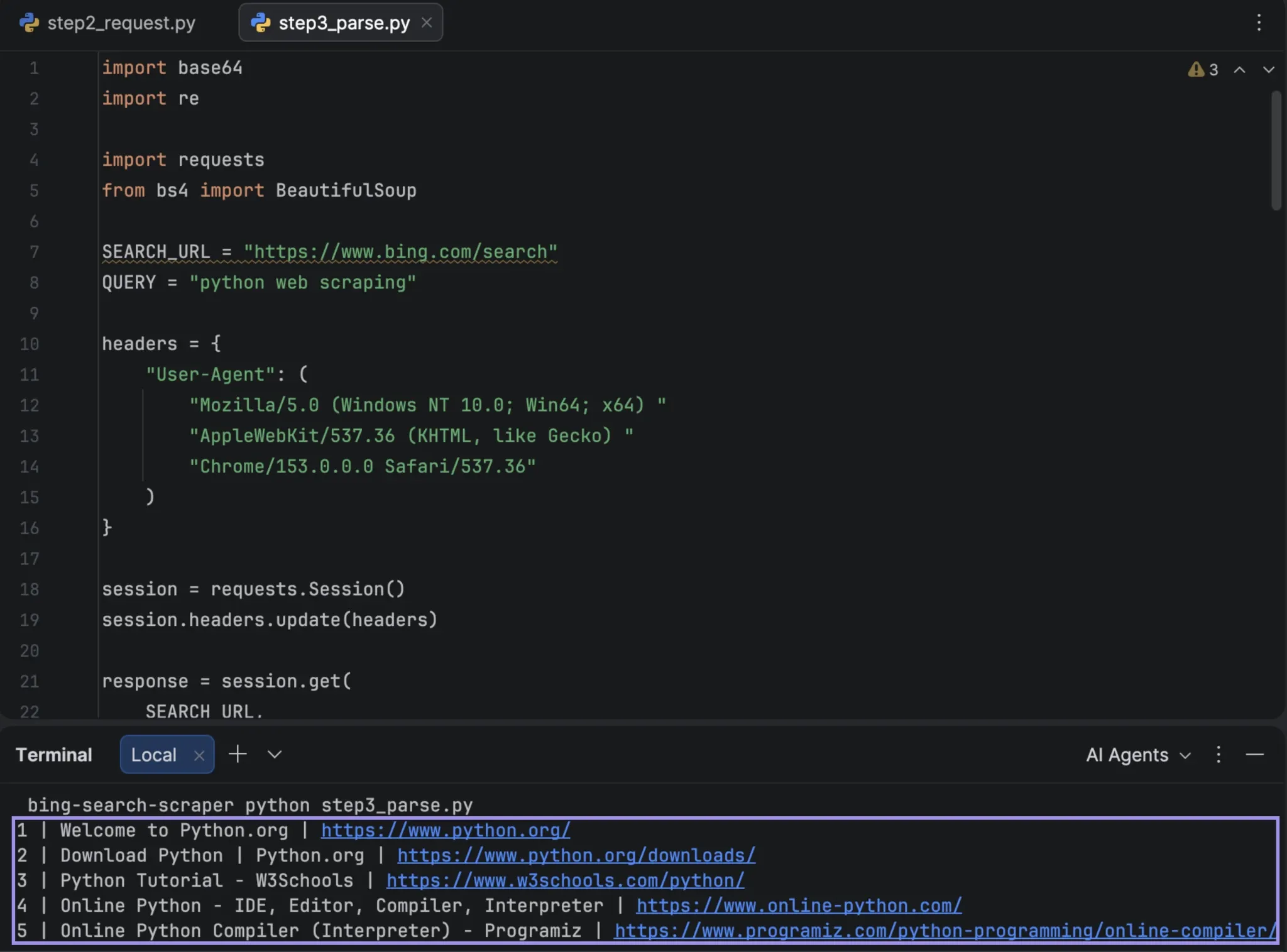 PyCharm terminal showing parsed Bing results with positions and URLs